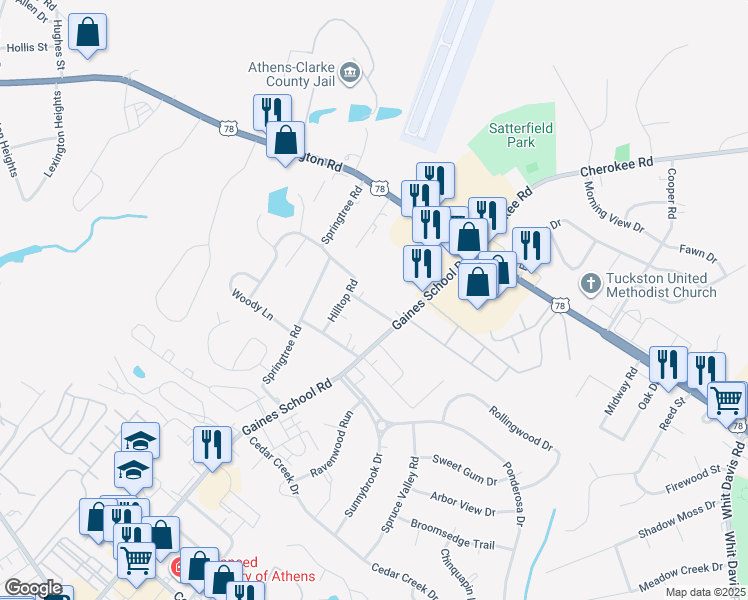 map of restaurants, bars, coffee shops, grocery stores, and more near 210 Briarcliff Lane in Athens