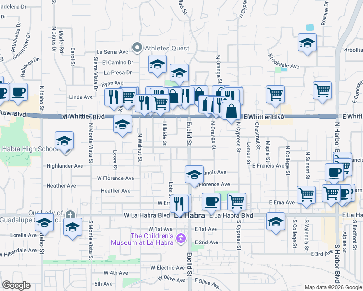 map of restaurants, bars, coffee shops, grocery stores, and more near 631 North Euclid Street in La Habra
