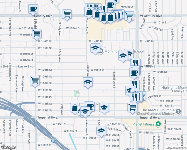 map of restaurants, bars, coffee shops, grocery stores, and more near 3518 West 108th Street in Inglewood