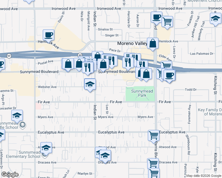 map of restaurants, bars, coffee shops, grocery stores, and more near in Moreno Valley