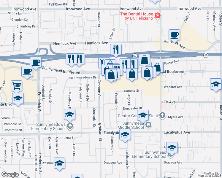 map of restaurants, bars, coffee shops, grocery stores, and more near 23727 Sunnymead Boulevard in Moreno Valley