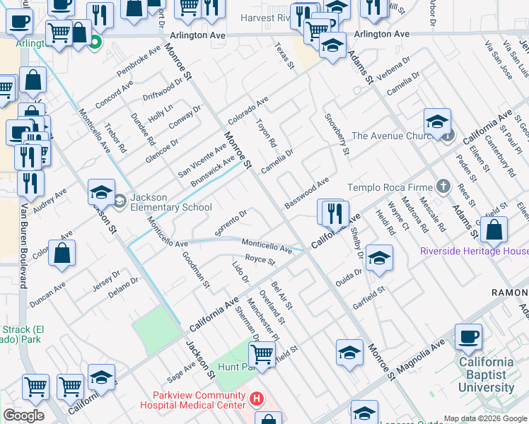 map of restaurants, bars, coffee shops, grocery stores, and more near 4372 Monroe Street in Riverside