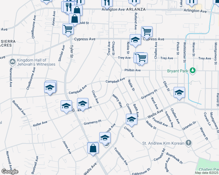 map of restaurants, bars, coffee shops, grocery stores, and more near 10042 Campbell Avenue in Riverside