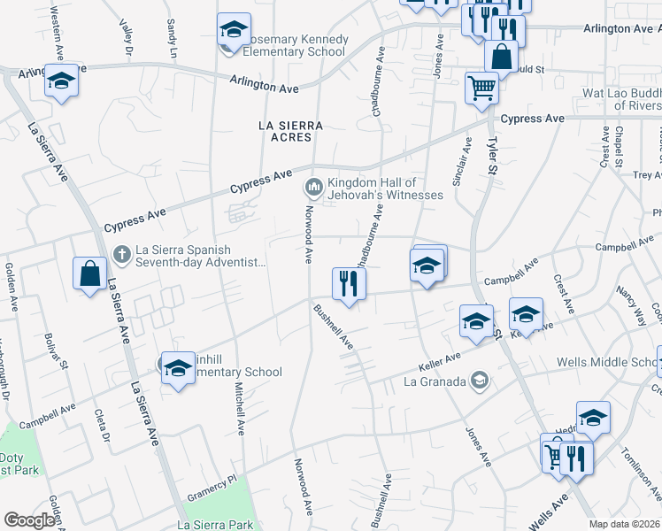 map of restaurants, bars, coffee shops, grocery stores, and more near 10566 Robinson Avenue in Riverside