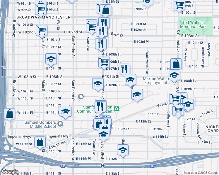 map of restaurants, bars, coffee shops, grocery stores, and more near 617 East 109th Street in Los Angeles