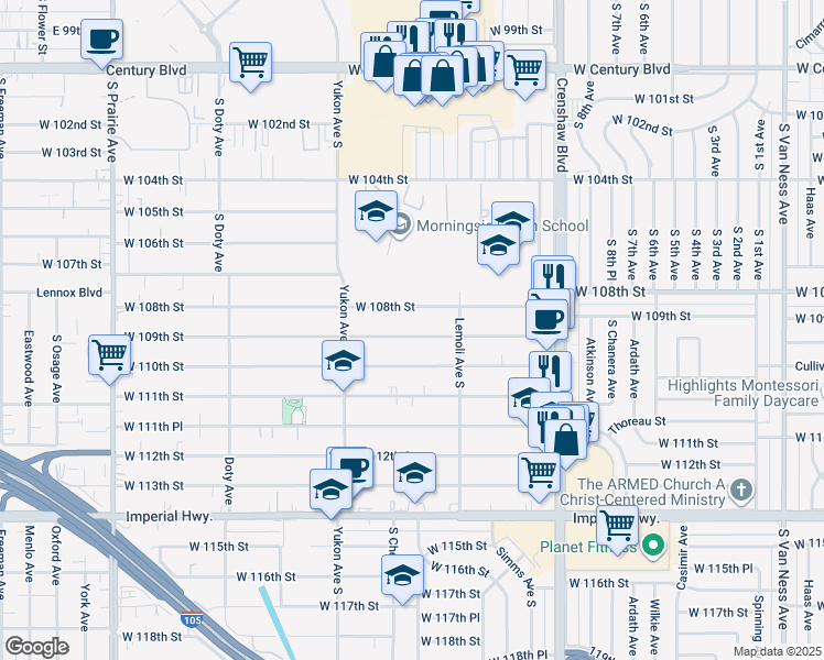map of restaurants, bars, coffee shops, grocery stores, and more near 3406 West 108th Street in Inglewood