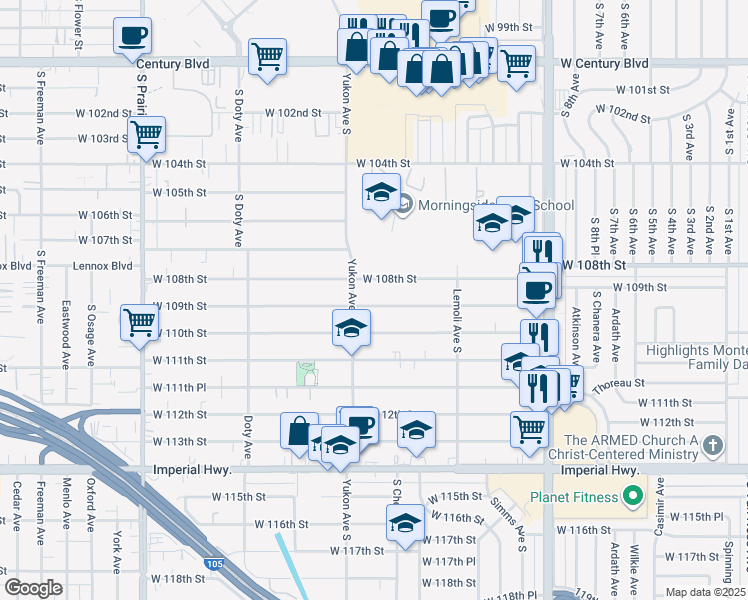 map of restaurants, bars, coffee shops, grocery stores, and more near 3518 West 108th Street in Inglewood