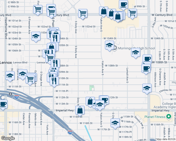 map of restaurants, bars, coffee shops, grocery stores, and more near 3714 West 108th Street in Inglewood