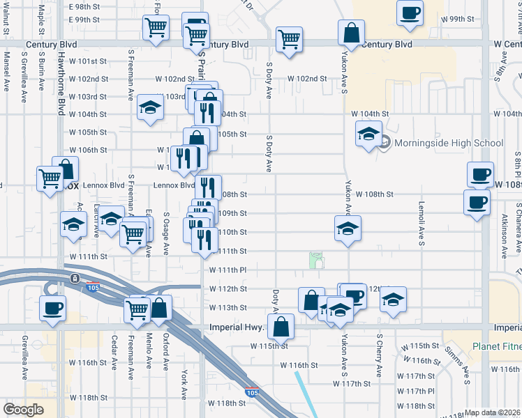 map of restaurants, bars, coffee shops, grocery stores, and more near 3844 West 108th Street in Inglewood