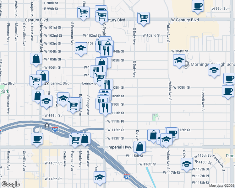 map of restaurants, bars, coffee shops, grocery stores, and more near 3920 West 108th Street in Inglewood