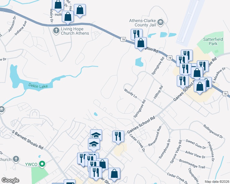 map of restaurants, bars, coffee shops, grocery stores, and more near 243 Seagraves Drive in Athens