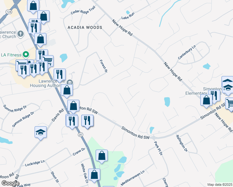 map of restaurants, bars, coffee shops, grocery stores, and more near 660 Brand South Trail in Lawrenceville