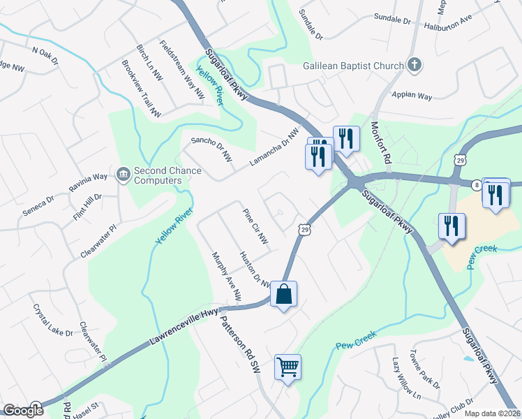 map of restaurants, bars, coffee shops, grocery stores, and more near 4354 Windale Drive Northwest in Lawrenceville