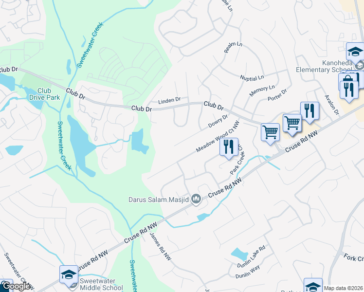 map of restaurants, bars, coffee shops, grocery stores, and more near 3091 Dowry Drive in Lawrenceville