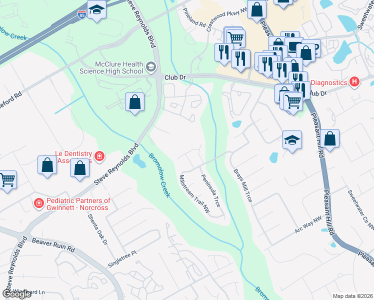 map of restaurants, bars, coffee shops, grocery stores, and more near 3905 Creek Water Court in Lawrenceville