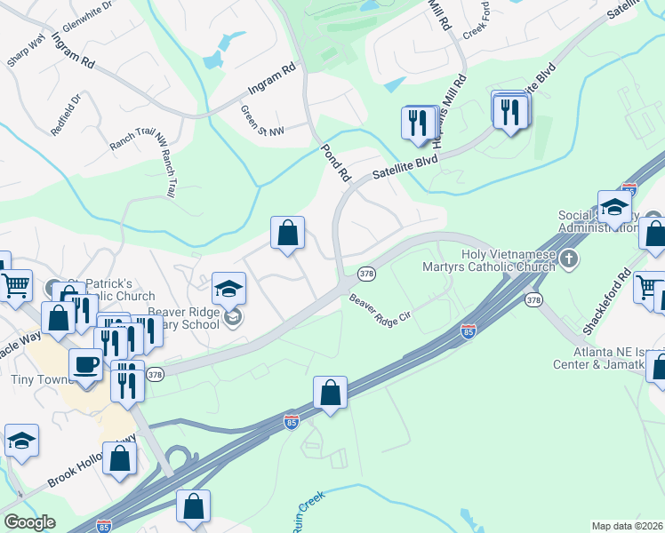 map of restaurants, bars, coffee shops, grocery stores, and more near 4801 Valley Ridge Drive in Duluth
