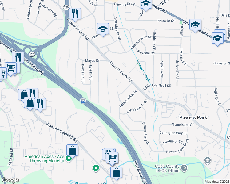 map of restaurants, bars, coffee shops, grocery stores, and more near 600 Oakland Drive Southeast in Marietta