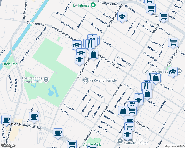map of restaurants, bars, coffee shops, grocery stores, and more near 7418 Laura St in Downey
