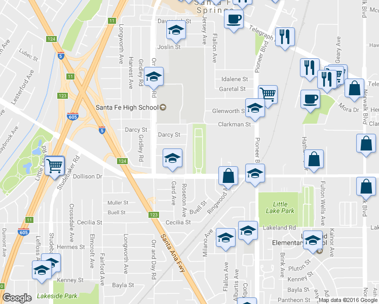 map of restaurants, bars, coffee shops, grocery stores, and more near 10614 Roseton Avenue in Santa Fe Springs