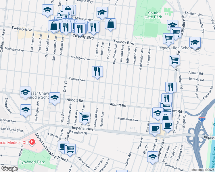 map of restaurants, bars, coffee shops, grocery stores, and more near 10414 Dorothy Avenue in South Gate