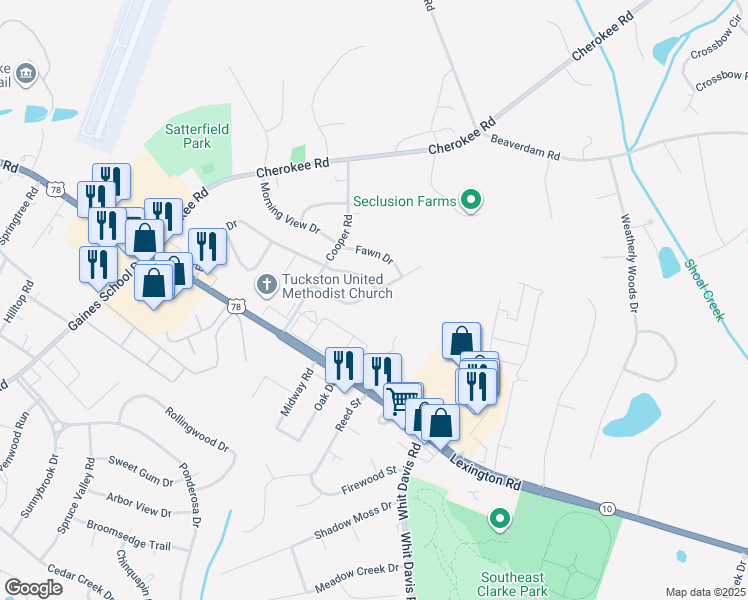 map of restaurants, bars, coffee shops, grocery stores, and more near 380 Deerpark Drive in Athens