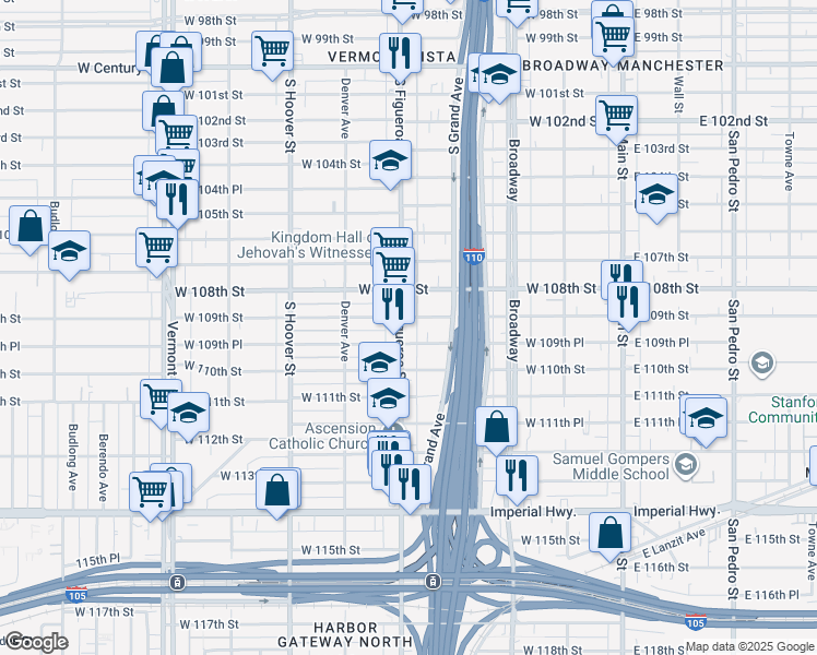 map of restaurants, bars, coffee shops, grocery stores, and more near 10908 South Figueroa Street in Los Angeles