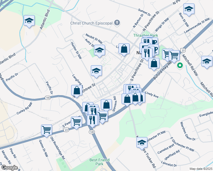 map of restaurants, bars, coffee shops, grocery stores, and more near 504 Thrasher Street Northwest in Norcross