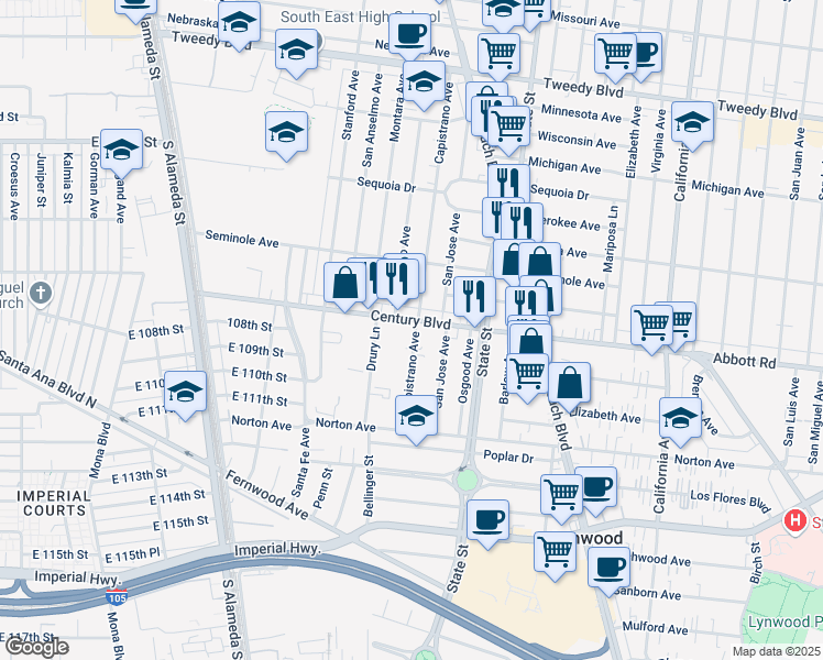map of restaurants, bars, coffee shops, grocery stores, and more near 3077 Martin Luther King Junior Boulevard in South Gate