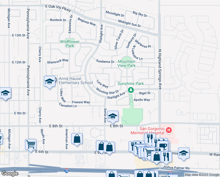 map of restaurants, bars, coffee shops, grocery stores, and more near 1503 Lyra Way in Beaumont