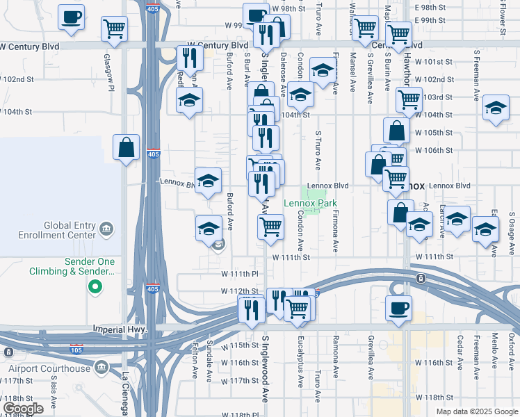 map of restaurants, bars, coffee shops, grocery stores, and more near 10903 South Inglewood Avenue in Inglewood