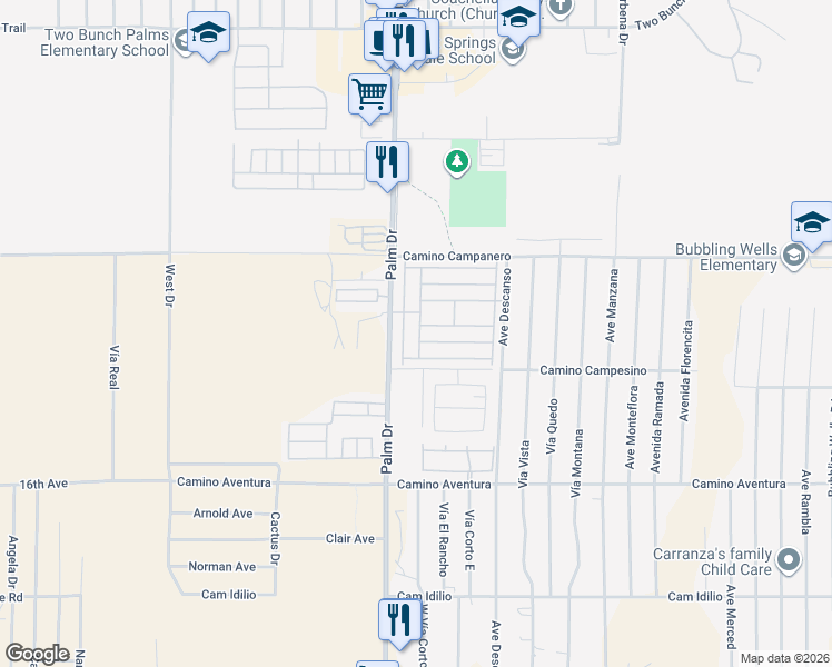 map of restaurants, bars, coffee shops, grocery stores, and more near 15300 Palm Drive in Desert Hot Springs