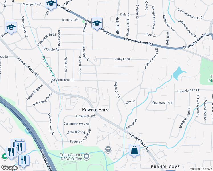 map of restaurants, bars, coffee shops, grocery stores, and more near 554 Lullingstone Drive Southeast in Marietta