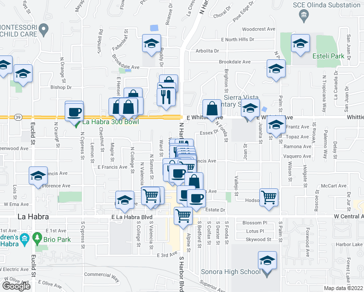 map of restaurants, bars, coffee shops, grocery stores, and more near 600 Harbor Boulevard in La Habra