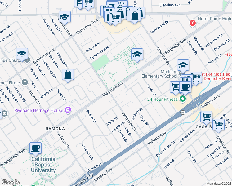 map of restaurants, bars, coffee shops, grocery stores, and more near 7870 Magnolia Avenue in Riverside