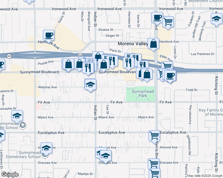 map of restaurants, bars, coffee shops, grocery stores, and more near in Moreno Valley