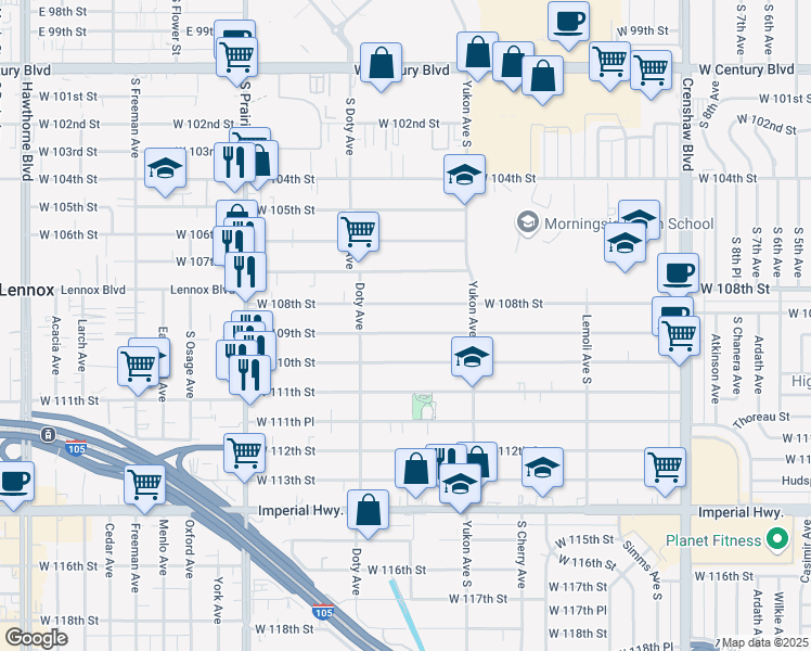 map of restaurants, bars, coffee shops, grocery stores, and more near 3709 West 109th Street in Inglewood