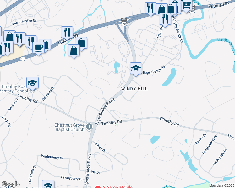 map of restaurants, bars, coffee shops, grocery stores, and more near 418 Epps Bridge Parkway in Athens