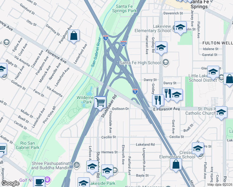 map of restaurants, bars, coffee shops, grocery stores, and more near Florence Avenue & Studebaker Road in Downey