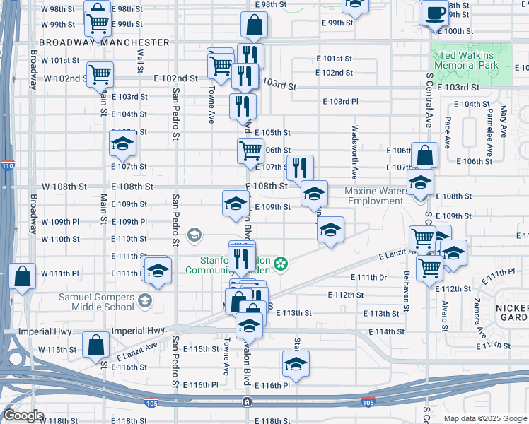 map of restaurants, bars, coffee shops, grocery stores, and more near 617 East 109th Street in Los Angeles
