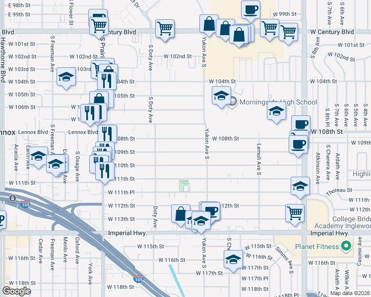 map of restaurants, bars, coffee shops, grocery stores, and more near 3646 West 108th Street in Inglewood