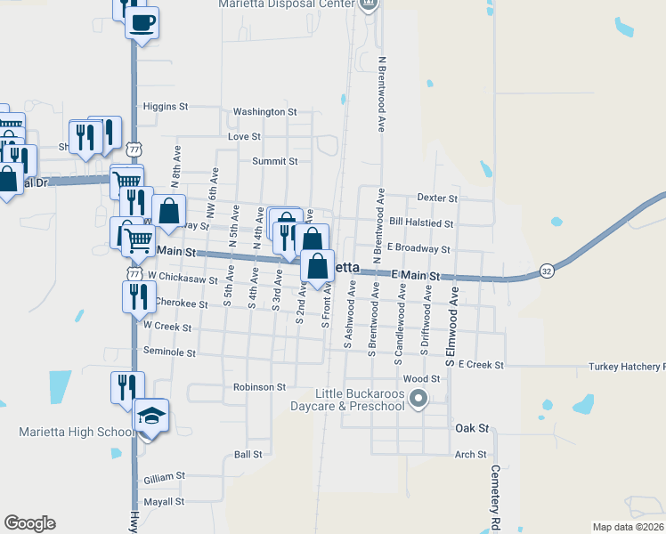 map of restaurants, bars, coffee shops, grocery stores, and more near in Marietta