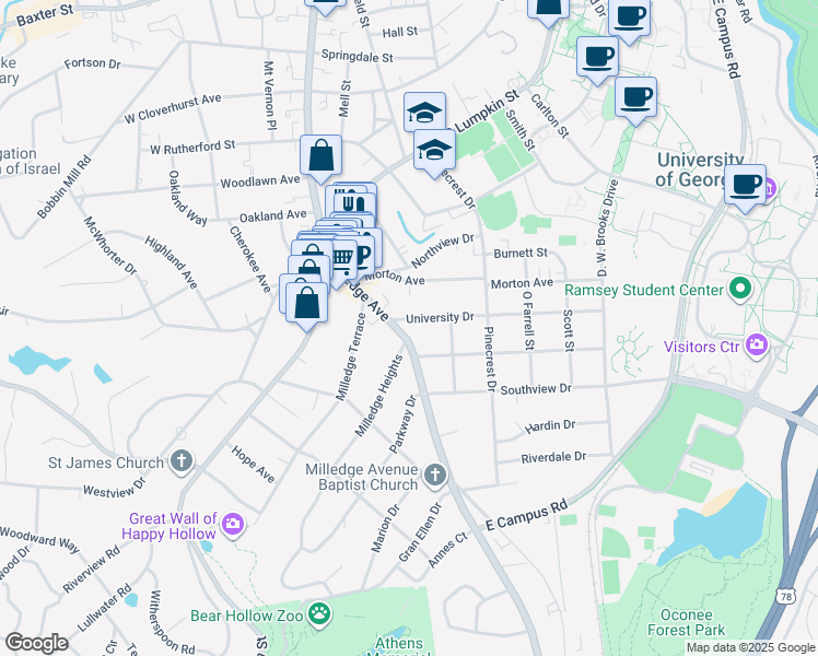 map of restaurants, bars, coffee shops, grocery stores, and more near 141 University Drive in Athens