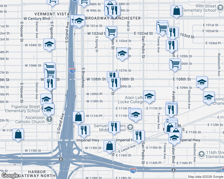 map of restaurants, bars, coffee shops, grocery stores, and more near 10909 Main Street in Los Angeles