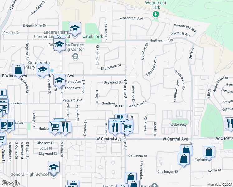 map of restaurants, bars, coffee shops, grocery stores, and more near 1135 Lockhaven Drive in Brea