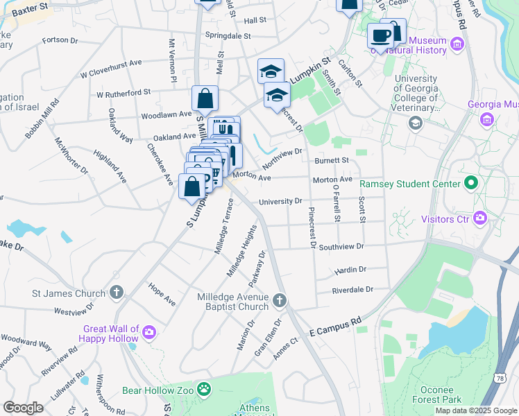 map of restaurants, bars, coffee shops, grocery stores, and more near 141 University Drive in Athens
