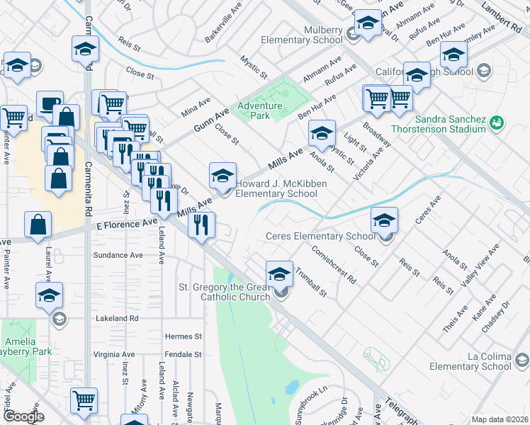 map of restaurants, bars, coffee shops, grocery stores, and more near 10531 Wedgeport Avenue in Whittier
