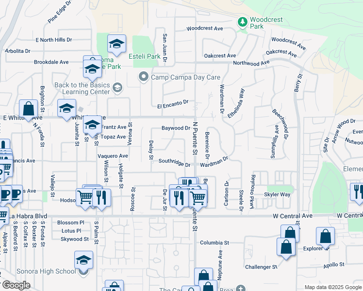 map of restaurants, bars, coffee shops, grocery stores, and more near 1135 Lockhaven Drive in Brea