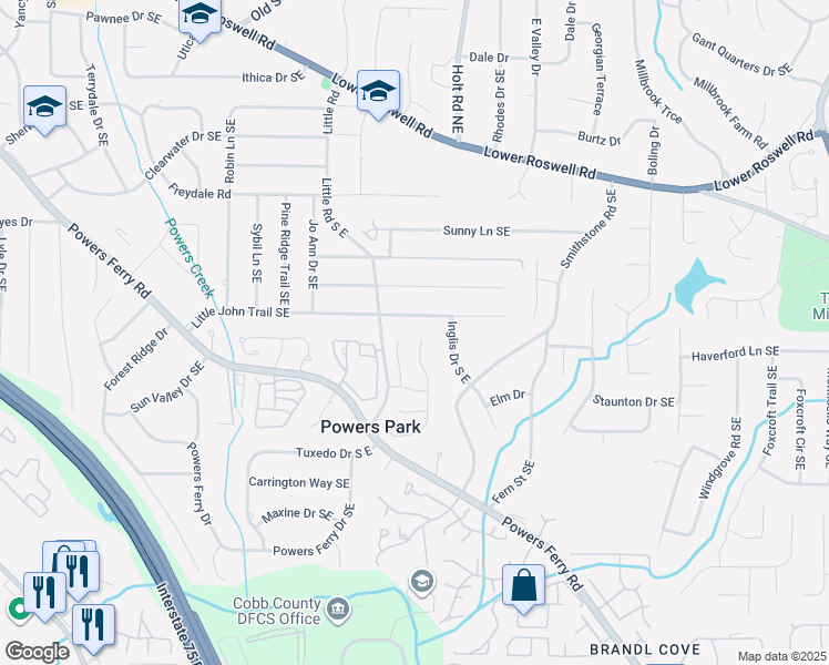 map of restaurants, bars, coffee shops, grocery stores, and more near 2502 Little John Trail Southeast in Marietta