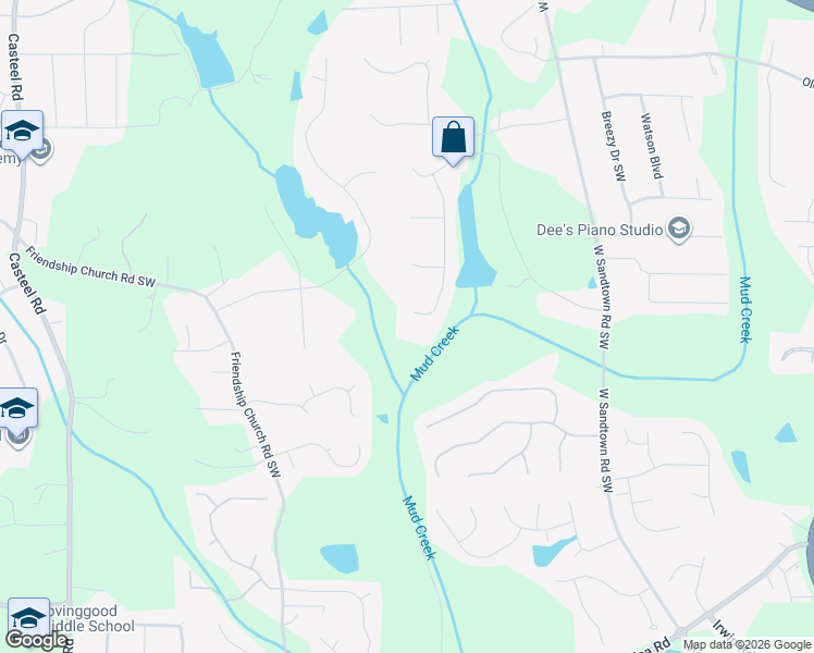 map of restaurants, bars, coffee shops, grocery stores, and more near 589 Ripplewater Drive Southwest in Marietta