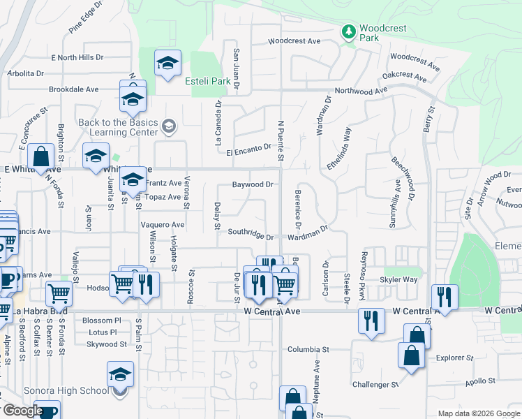 map of restaurants, bars, coffee shops, grocery stores, and more near 1135 Lockhaven Drive in Brea